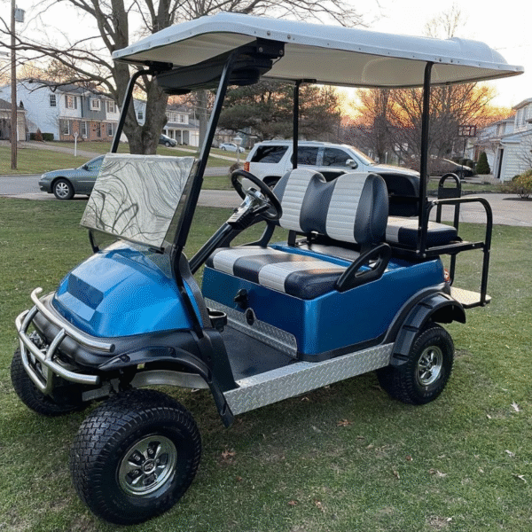 Custom Club Car Precedent – Gas Powered Golf Cart (Metallic Blue, Chrome Accents)