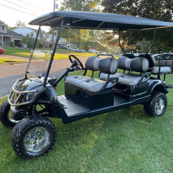 Yamaha G29 Gas Powered 6-Passenger Golf Cart – Metallic Black Finish with Chrome Wheels & Premium Upgrades