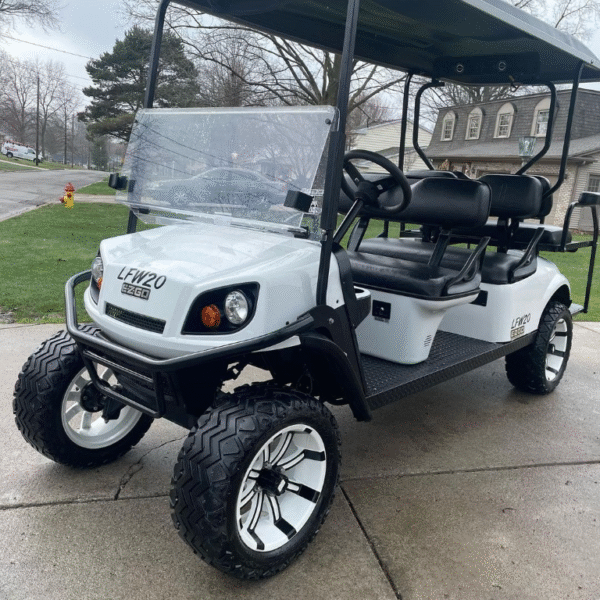 EZGO Express S6 6-Passenger Gas Golf Cart – Custom SS Wheels, 13HP Kawasaki Engine & Extended Roof
